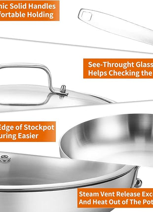 DELARLO Tri-ply Stainless Steel Frying Pan Set with Lid 8" 10" 12" large Skillets Induction Chef's Pan,Pots and Pans Set Kitchen Cookware Frying Pan Set Dishwasher and Oven Safe