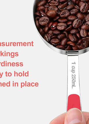 Measuring Cups and Spoons Set Stainless Steel 10 Piece for Cooking and Baking (5 Cups + 5 Spoons, Red Handle)