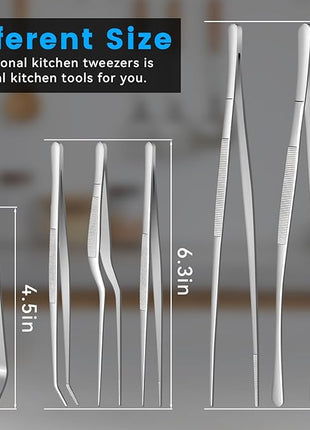 HOTEC Kitchen Tweezers Tongs Stainless Steel, Set of 6 - Professional Cooking Tweezers for Cooking, Chefs, BBQ, Seafood, Baking & Repair