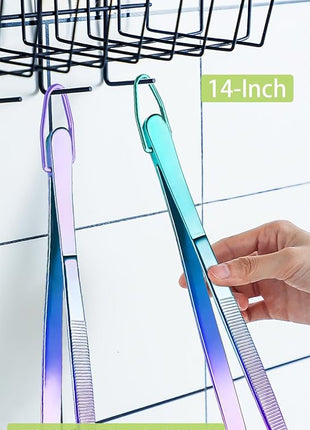 JETKONG 2 Pcs 14-Inch Culinary Tweezers Extra Long Food Tweezers Kitchen Tweezer Tongs for Cooking Grilling and BBQ (Rainbow)