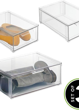 mDesign Plastic Stackable Closet Storage Organizer Bin Containers with Front Pull Drawer for Cabinet, Desk, Shelf, Cupboard, or Dresser Organization - Lumiere Collection - Set of 3 - Clear