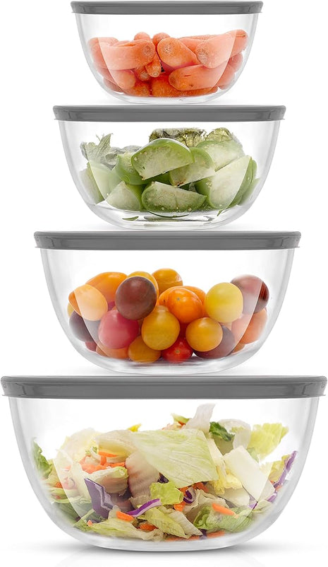 JoyJolt Kitchen Mixing Bowls - 8pc Glass with Lids Set – Neat Nesting Large Bowl Batter Cooking Storage and Big Salad BPA-Free Gray