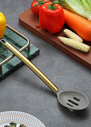 Berglander Non-stick Silicone Slotted Spoon, Titanium Gold Plated Handle, Basting Spoon, Dishwasher Safe, Easy to Clean