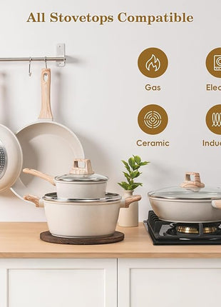 12 Pcs Pots and Pans Set, Nonstick Cookware Sets White Granite Induction Cookware, Non-toxic Healthy Non Stick Kitchen Cooking Set with Frying Pans Set, Saucepans,Steamer (PFAS, PFOA, PFOS Free)