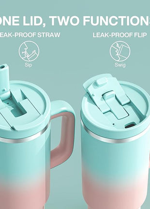 40 oz Tumbler with Handle and Straw: Stainless Steel Insulated Tumbler Keeps Cold for 24 Hours, Leakproof Travel Cup Fits in Cup Holder and BPA-Free, Cherry Blossom