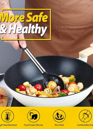 Pack of 2 Large Silicone Cooking Spoons,Non Stick Solid Basting Spoon,Heat-Resistant Kitchen Utensils for Mixing,Serving,Draining,Stirring (BLACK)