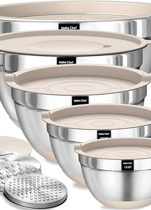 Umite Chef Mixing Bowls with Airtight Lids Set, 8PCS Stainless Steel Khaki Nesting Bowls with Grater Attachments, Kitchen Bowls with Non-Slip Bottoms, Size 5, 4, 3.5, 2, 1.5QT for Mixing & Serving