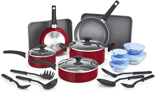 BELLA Cookware Set with Glass Lids - Nonstick, PFOA Free and Scratch Resistant Surface, Aluminum Bakeware, Pots and Pans, Storage Bowls & Utensils, Compatible with All Stovetops, 21 Piece, Red