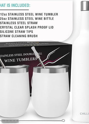 CHILLOUT LIFE 12 oz Stainless Steel Wine Tumblers 2 Pack & 1 Insulated Wine Bottle - Double Wall Vacuum Insulated Wine Glasses Cups with Lids and Straws Set Keeping Cold & Hot Gift Set