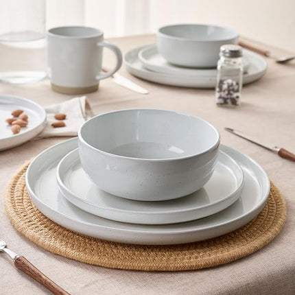 Famiware Milkyway Stoneware Dinnerware Sets with Mugs, Service for 4 (16pcs), Plates and Bowls Sets, Scratch Resistant, Microwave and Dishwasher Safe Dishes Set, Light Gray