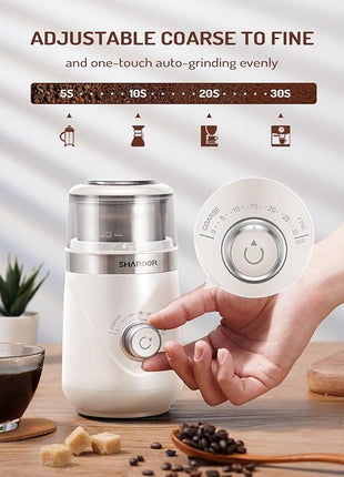 SHARDOR Electric Super Silent Blade Coffee Grinder, Timed Grind Control Rotary Knob, Adjustable Coarse to Fine for Coffee Beans, Spices & Herbs, with 1 Removable Stainless Steel Bowl, Cream