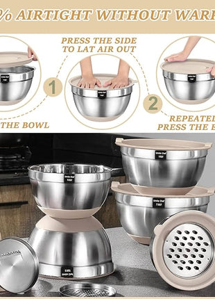 Mixing Bowls with Airtight Lids Set, 26PCS Stainless Steel Khaki Bowls with Grater Attachments, Non-Slip Bottoms & Kitchen Gadgets Set, Size 7, 4, 2.5, 2.0,1.5, 1QT, Great for Mixing & Serving