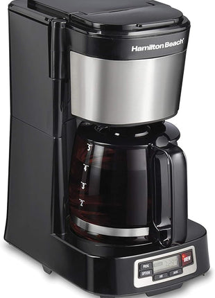 Hamilton Beach 5 Cup Drip Coffee Maker with Easy FrontFill Basket, Compact Design, Programmable Clock, Glass Carafe, Auto Pause and Pour, Black & Stainless Steel (46111)