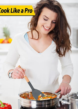 Pack of 4 Silicone Cooking Utensils Set, Non Stick Solid Spatulas and Heat Resistant Slotted Spoons with Wooden Handle, Ideal Wood Kitchen Utensils Set for Frying,Serving,Turning,Stirring (GRAY)