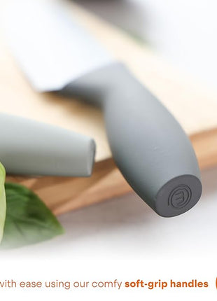 MasterChef Kitchen Knife Set with Covers, 6 Professional Chef Knives for Home Kitchens, Extra Sharp Cutting Stainless Steel Blades & Protective Sheaths, Soft-Touch Easy-Grip Handles, Earth Greys