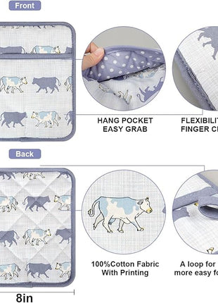 Pot Holders Set of 2 Heat Resistant 480℉ Kitchen 100% Cotton Comfortable Lining Printing Fox Flower Women Men Home Cooking Baking Microwave BBQ Gift (Cow potholder)