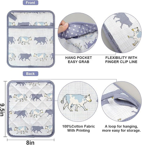 Pot Holders Set of 2 Heat Resistant 480℉ Kitchen 100% Cotton Comfortable Lining Printing Fox Flower Women Men Home Cooking Baking Microwave BBQ Gift (Cow potholder)