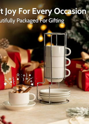 Sweese 8 Ounce Porcelain Stackable Cappuccino Cups with Saucers and Metal Stand - for Specialty Coffee Drinks, Cappuccino, Latte, Americano and Tea - Set of 4, White