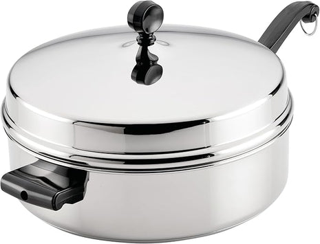 Farberware Classic Series Anniversary Edition Stainless Steel Sauté Pan and Lid with Helper Handle, Induction Suitable, 6 Quart Jumbo Cooker, Metal Utensil Safe - Stainless Steel
