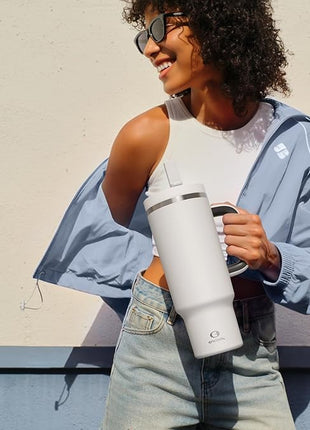 40 oz Tumbler with Handle and Straw: Stainless Steel Insulated Tumbler Keeps Cold for 24 Hours, Leakproof Travel Cup Fits in Cup Holder and BPA-Free, Polar White