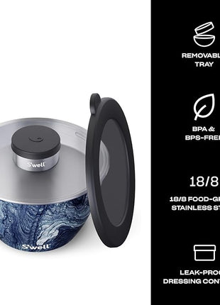 S’well Stainless Steel 64oz Salad Bowl Kit, Azurite Color, Includes 2oz Condiment Container and Removable Tray, Leak-Proof, Easy to Clean, Dishwasher Safe