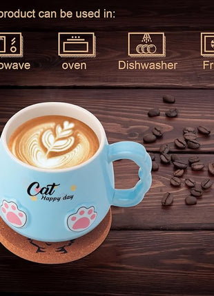 Cute Cat Mug, Novelty Ceramic Coffee Tea Milk Cup with Lovely Kitty Lid, Kawaii Claw Spoon, Anime Coaster, Novelty Things Birthday Christmas Gift for Cat Lovers Women Her, 14 oz, Blue