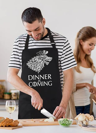 Grill Aprons for Men Women, Dinner is Coming Kitchen Chef Apron with 2 Pockets and 40" Long Ties, Adjustable Bib Apron for Cooking, BBQ, Baking, Gardening, Black