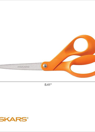 Fiskars 8" Original Orange-Handled Stainless Steel Scissors, Ergonomic and Keeps Material Flat, Sharp All-Purpose Paper and Fabric Scissors for Office, Arts, and Crafts