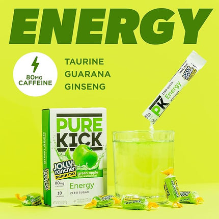 PURE KICK Energy Singles To Go Drink Mix, Jolly Rancher Green Apple, Includes 12 Boxes with 6 Packets in each Box, 72 Total Packets