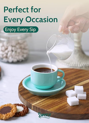 Sweese 2.5 Ounce Porcelain Stackable Espresso Cups with Saucers and Metal Stand Set of 4, Turquoise