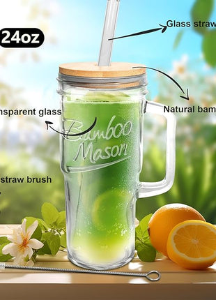 ANOTION Glass Cups with Lids and Straws - 24 oz Tumbler with Handle Christmas Coffee Cups Glass Straws Mason Jar Cups Drinking Set Kitchen Essentials Coffee Bar House Warming Gifts New Home