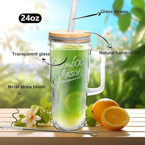 ANOTION Glass Cups with Lids and Straws - 24 oz Tumbler with Handle Christmas Coffee Cups Glass Straws Mason Jar Cups Drinking Set Kitchen Essentials Coffee Bar House Warming Gifts New Home