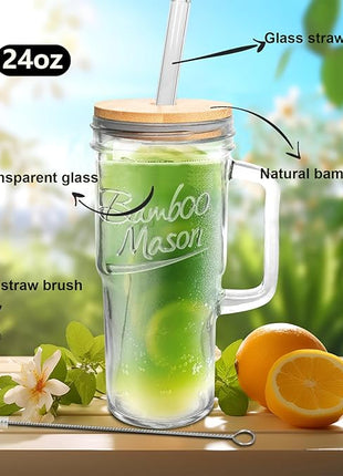 ANOTION Glass Cups with Lids and Straws - 24oz Tumbler with Handle Coffee Cups Glass Straws Glasses Mason Jar Cups Drinking Set Kitchen Essentials Coffee Bar Accessories House Warming Gifts New Home