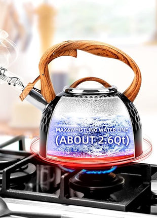 Whistling Teapot, 2.6 Qt 304 Food Grade Stainless Steel Tea Kettle with Heat-resistant Handle, Durable, not Rust，One-button Switch(BLack）