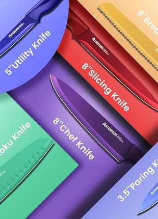 Astercook Knife Set, 12 Pcs Color-Coded Kitchen Knives Set, 6 Color Anti-Rust Coating Stainless Steel Chef Knife Sets with 6 Blade Guards Dishwasher Safe
