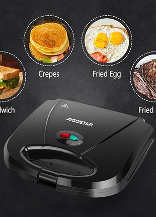 Aigostar Sandwich Maker with Non-stick Deep Grid Surface for Egg, Ham, Steaks Compact Electric Grill Tostadora de Pan Black, ETL Certificated, Roy