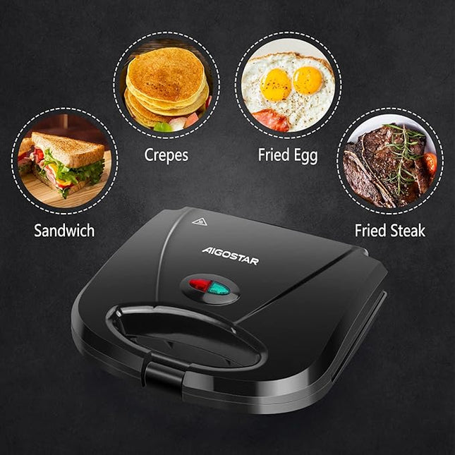 Aigostar Sandwich Maker with Non-stick Deep Grid Surface for Egg, Ham, Steaks Compact Electric Grill Tostadora de Pan Black, ETL Certificated, Roy
