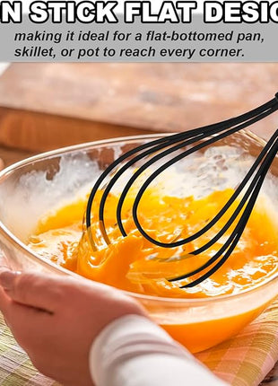 Anaeat Silicone Kitchen Whisk Set of 4, Perfect for Non-Stick Cookware, Egg Beater Milk Blender for Whisking, Cooking, Baking, Beating - 11'' Flat Whisk and 8.5''+10.5''+12'' Balloon Whisks (Black)