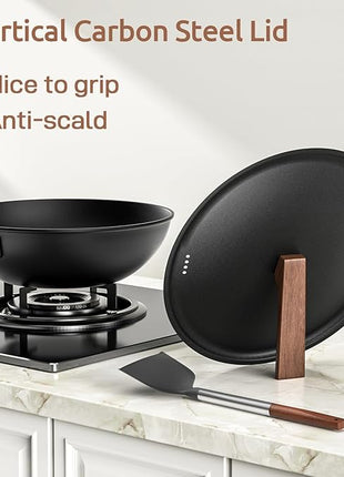 Carbon Steel Wok, 13-Inch, Pre-Seasoned, Non-Stick, with Lid and Spatula, Flat Bottom, Ideal for Stovetop Cooking