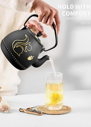 Toptier Teapot with Removable Infuser, Cast Iron Tea Kettle Stovetop Safe, Squirrel Design Tea Pot Coated with Enameled Interior for 32 Ounce (950 ml), Black