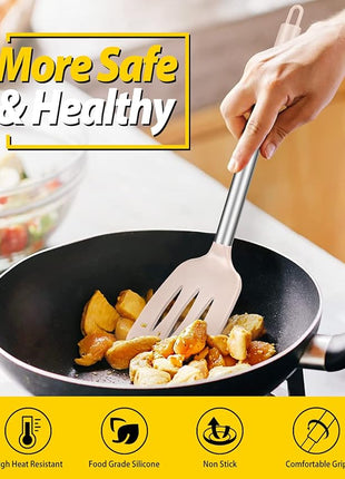 Pack of 2 Silicone Solid Turner, Non Stick Slotted Kitchen Spatulas, High Heat Resistant BPA Free Cooking Utensils, Ideal Cookware for Fish, Eggs, Pancakes(Stainless Steel Khaki)