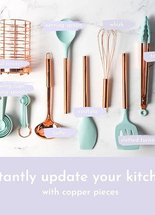 Copper and Teal Blue Kitchen Utensils - 17-Piece Set Includes Copper Utensil Holder, Measuring Cups and Spoons, and Silicone Cooking Tools - Stylish Teal Kitchen Decor and Unique Gifts for Home Cooks