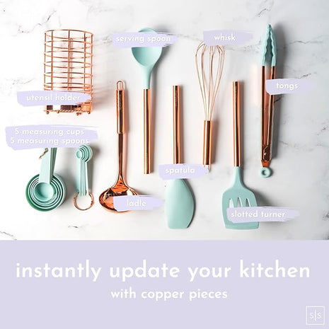 Copper and Teal Blue Kitchen Utensils - 17-Piece Set Includes Copper Utensil Holder, Measuring Cups and Spoons, and Silicone Cooking Tools - Stylish Teal Kitchen Decor and Unique Gifts for Home Cooks