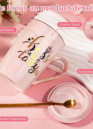 Biching Boss Lady Gifts for Women - Unique Birthday Gift for Women, Friend, Coworkers, Colleagues, Boss Female - Appreciation Mothers Day Gifts - 14Oz Marble Ceramic Coffee Mug Pink