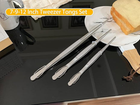 JETKONG Food Tweezers Precision Serrated Tips Kitchen Tweezers Professional Cooking Tweezer Tongs, Set of 3 (7 9 12 Inch, Silver)