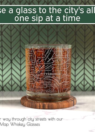 Greenline Goods Whiskey Glasses - 10 Oz Tumbler Gift Set for Pittsburgh lovers, Etched with Pittsburgh Map | Old Fashioned Rocks Glass - Set of 2