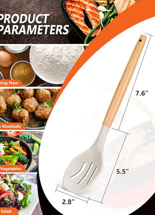 Large Silicone Cooking Spoons, 2 Pack Nonstick Solid and Slotted Wooden handle Spoon Set, Heat Resistan Silicone Kitchen Spoons for Cooking, Serving, Basting, Mixing (Khaki)