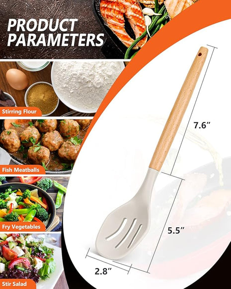 Large Silicone Cooking Spoons, 2 Pack Nonstick Solid and Slotted Wooden handle Spoon Set, Heat Resistan Silicone Kitchen Spoons for Cooking, Serving, Basting, Mixing (Khaki)