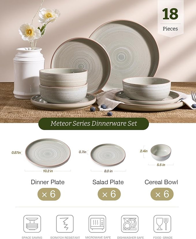 Famiware Meteor Plates and Bowls Sets, 18-Piece Stoneware Dinnerware Sets, Dishes Set for 6, Microwave and Dishwasher Safe Tableware, Matcha Green
