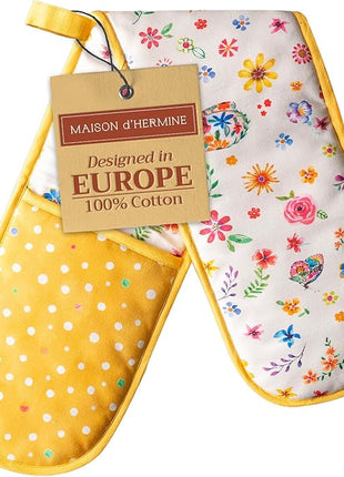 Maison d' Hermine Double Oven Mitts 100% Cotton 7"x35" Double Oven Mitt Heat Resistant BBQ Cooking Gloves with Loop, Baking, Grilling, Kitchen, Handling Hot Pans Spring Summer (Happy Florals - Sweety)